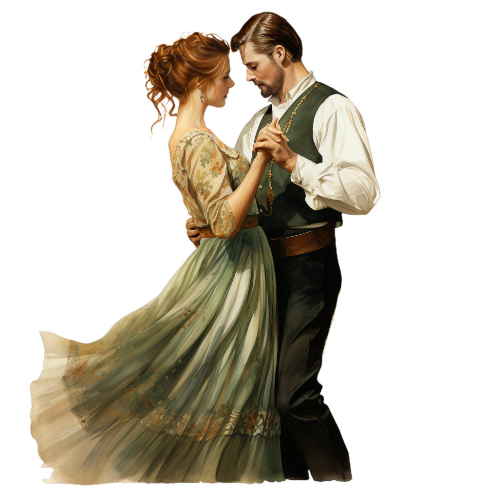 sage green, cream, golden yellow, rust, earth tones, vintage, romantic, period costume, historical, elegant, traditional, couple, dancing, formal wear, renaissance, regency era, classic, timeless, period drama, illustration, portrait, figurative, nostalgia, heritage, graceful, refined, neutral palette, warm tones