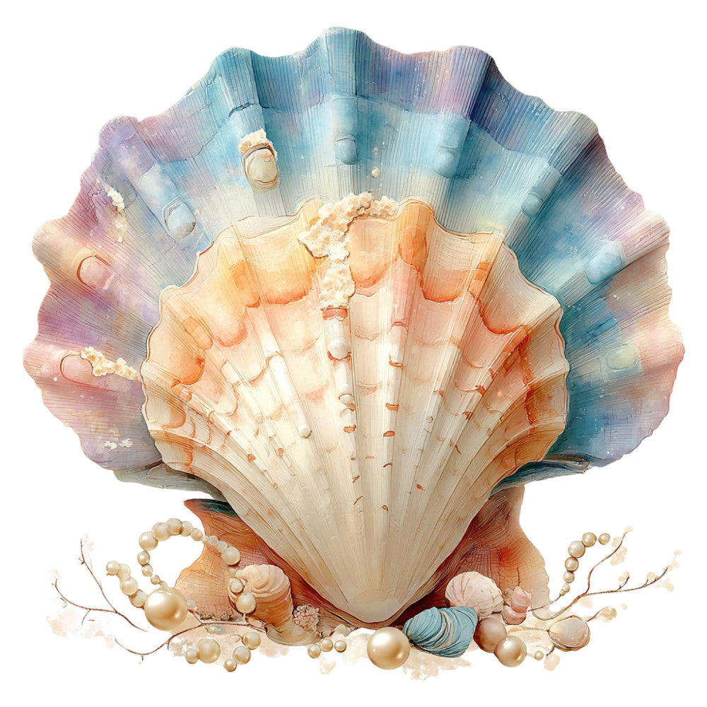 seashell, pearl, ocean, coastal, nautical, beach, aqua blue, blush pink, coral, cream, pastel, watercolor, iridescent, mother of pearl, shells, pearls, sea life, marine, elegant, whimsical, romantic, dreamy, spring, summer, celestial, turquoise, rose gold, soft colors, nature, wall art