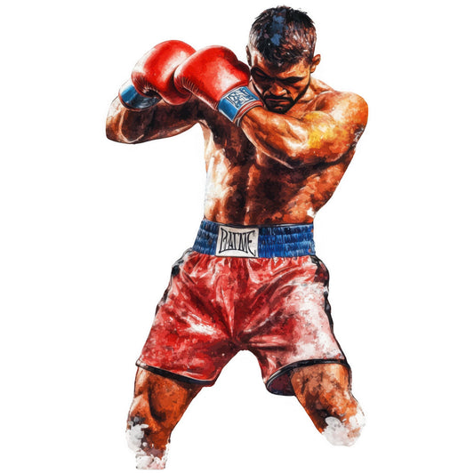 boxer, boxing, sports, athletic, red gloves, blue shorts, muscular, male portrait, action pose, fighting stance, watercolor style, artistic, red and blue, strength, fitness, training, champion, combat sports, dynamic pose, sports themed, masculine, gym, competitive, performance art, inspirational, motivational, warrior, fighter, intense expression