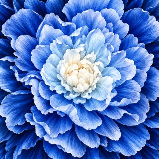 blue peony, white peony, royal blue, navy blue, sky blue, light blue, cream white, floral, botanical, nature, elegant, romantic, garden flowers, peony, layered petals, dimensional, spring, summer, traditional, cottage garden, vintage floral, wedding, feminine, soft, delicate, large scale floral, close-up flower, ombre blue