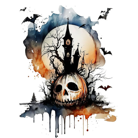 halloween, spooky, skull, haunted house, gothic, dark academia, autumn, fall, bats, full moon, watercolor, abstract, orange, black, navy blue, cream, burnt orange, eerie, mystical, celestial, dark fantasy, horror, jack-o-lantern, pumpkin, cemetery, crosses, dead trees, bare branches, dramatic, moody