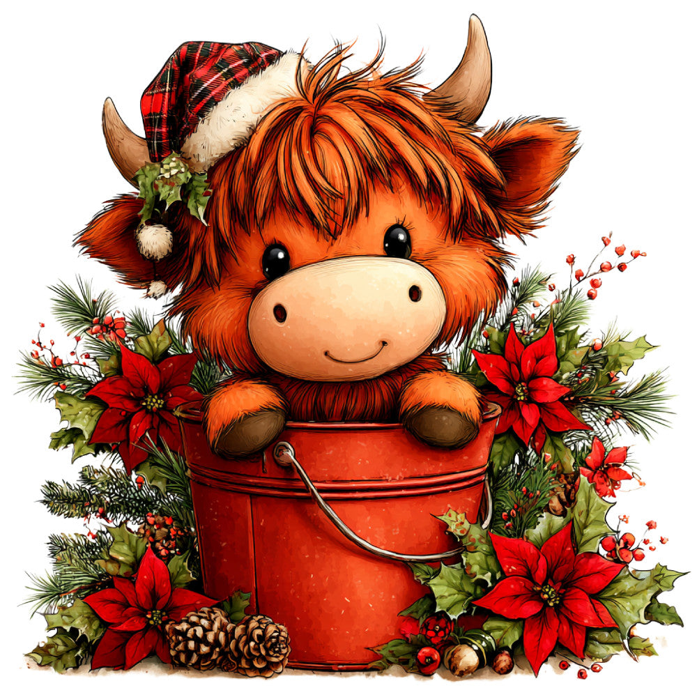 orange, red, cream, forest green, brown, plaid, floral, animals, highland cattle, cow, holiday, christmas, festive, whimsical, rustic, farmhouse, poinsettia, holly, pine branches, berries, red bucket, santa hat, winter, seasonal, cute, charming, traditional, country, cottage core
