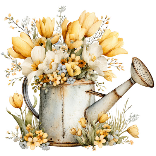 yellow tulips, cream flowers, soft yellow, pale cream, vintage watering can, garden flowers, floral design, nature themed, spring flowers, botanical print, cottage core, farmhouse style, rustic aesthetic, yellow and white, delicate florals, garden tools, pastoral scene, wildflowers, small flowers, daisies, tulip pattern, vintage garden, traditional floral, elegant flowers, spring garden, country style, botanical illustration, pastoral design, gardening theme, soft colors