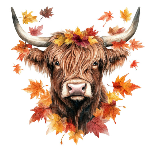 highland cattle, longhorn bull, autumn leaves, fall colors, maple leaves, brown, tan, cream, rust orange, golden yellow, burgundy red, woodland animals, farm animals, rustic style, farmhouse decor, whimsical, nature themed, seasonal autumn, fall harvest, wildlife art, boho aesthetic, country style, thanksgiving, autumn foliage, horned cattle, highland breed, cozy cottage, autumn harvest theme, wall hanging, decorative panel