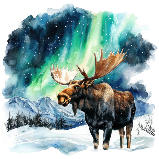 moose, northern lights, aurora borealis, winter scene, snow, mountains, wildlife, fabric panel, watercolor style, teal, green, blue, brown, white, starry sky, quilting cotton, nature scene, arctic landscape, animal portrait, winter wildlife