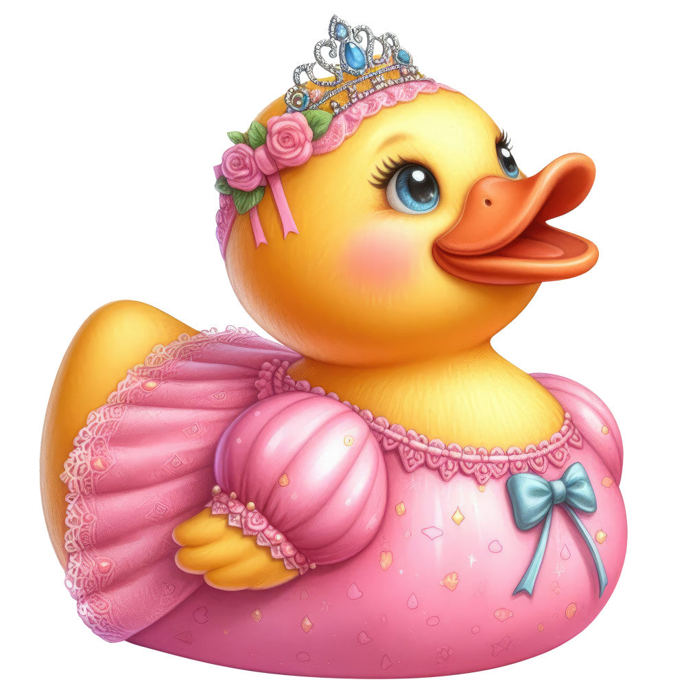 yellow duck, hot pink, coral orange, tiara, crown, princess, whimsical, cute animals, baby girl, nursery, floral, pink roses, lace trim, elegant, sparkly, decorative bow, hearts, gold accents, pastel, girly, children's, toy duck, rubber duck, baby shower, nursery decor, fantasy, magical, charming, ornate details