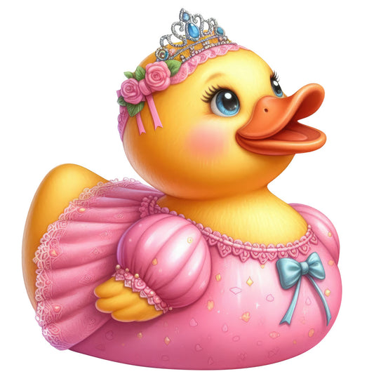 yellow duck, hot pink, coral orange, tiara, crown, princess, whimsical, cute animals, baby girl, nursery, floral, pink roses, lace trim, elegant, sparkly, decorative bow, hearts, gold accents, pastel, girly, children's, toy duck, rubber duck, baby shower, nursery decor, fantasy, magical, charming, ornate details