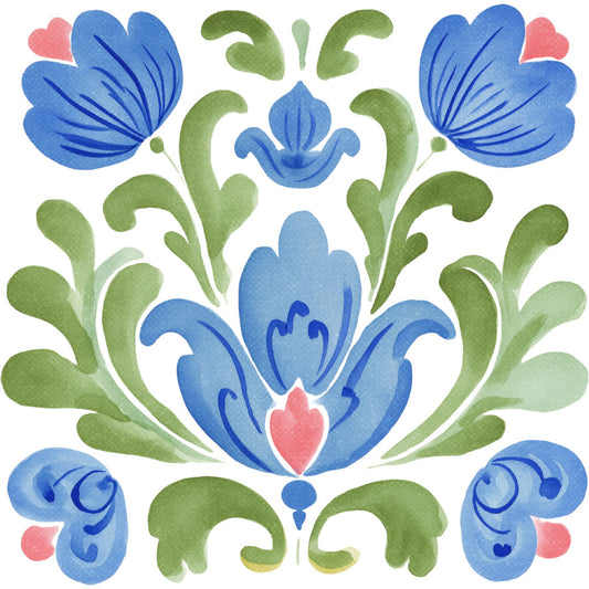 blue floral, folk art, ornamental, symmetrical, botanical, heart motif, leaf pattern, coral pink, sky blue, sage green, traditional, whimsical, vintage, damask, decorative, spring, nature inspired, delft blue, scandinavian, romantic, elegant, taupe accents, scrollwork, petal design, garden theme, classic, timeless, handpainted style, all over pattern, medallion design
