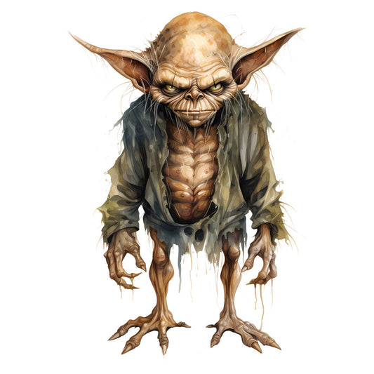 goblin, fantasy creature, troll, monster, mythical, folklore, dark fantasy, tan, brown, olive green, gray, earthy tones, character design, creature feature, whimsical, creepy, magical, adventure, dungeons and dragons, costume, cosplay, halloween, spooky, illustration style, storybook, character art, wicked, mischievous