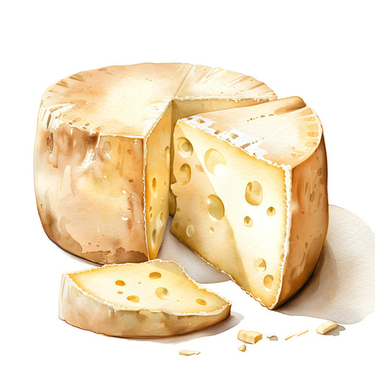 cheese, food, farmhouse, cream, tan, beige, golden yellow, butter yellow, holes, swiss cheese, kitchen, culinary, rustic, country, farm, realistic, illustration, gourmet, food theme, cooking, appetizer, dairy, comfort food, traditional, vintage style, food illustration, culinary theme, kitchen decor, homespun, artisanal