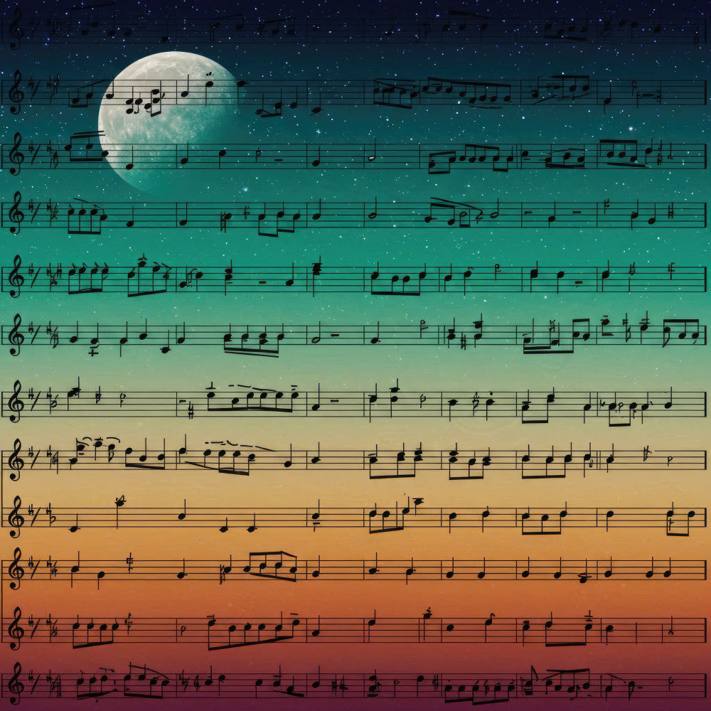music notes, sheet music, celestial, moon, stars, night sky, gradient, ombre, teal, turquoise, cream, gold, orange, red, burgundy, musical theme, treble clef, whimsical, elegant, night time, starry, musical motif, abstract, modern, sophisticated, sunset gradient, twilight, decorative panel, wall art, inspiration fabric