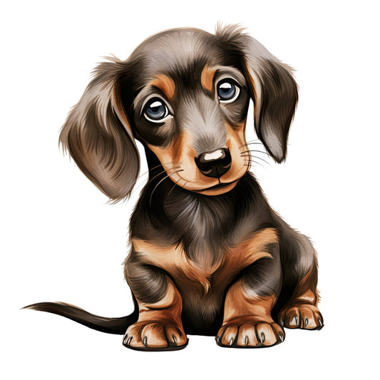 Watercolor Dogs Fabric Panel 22 featuring a detailed, premium-quality illustration of an adorable dachshund puppy for quilting projects.