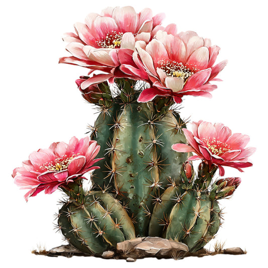 cactus, pink flowers, desert flowers, botanical, nature, floral, succulent, spring, summer, coral pink, hot pink, sage green, cream white, rustic, southwestern, desert theme, wildflowers, botanical illustration, cacti blooms, garden, whimsical, detailed illustration, artistic, nature-inspired, delicate petals, desert landscape, blooming cactus, vibrant colors, traditional, natural elements
