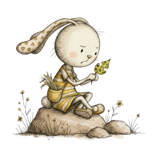 cream, tan, golden yellow, soft brown, whimsical, bunny, rabbit, baby, nature, spring, hearts, leaf, flowers, kite, adorable, children's, nursery, storybook, gentle, sweet, playful, woodland, animal, cute, pastel, illustration, character, boy, girl, baby quilt