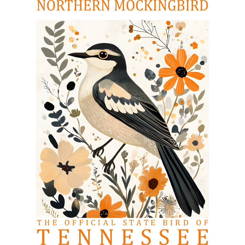 northern mockingbird, tennessee state bird, bird illustration, orange flowers, botanical design, nature motif, cream background, black and gray bird, floral elements, fabric panel, quilting cotton, folk art style, wildflowers, leaves and stems, warm autumn colors, peach tones, decorative birds, state pride, wildlife design, cottage core aesthetic