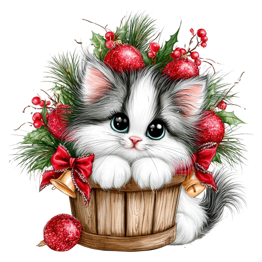 white cat, gray striped, red ornaments, holiday, christmas, festive, winter, cute animals, kitten, glitter, sparkle, evergreen, holly, berries, red bows, bells, gold accents, whimsical, playful, seasonal, decorative, rustic wood, bucket, nature inspired, traditional christmas, red and white, metallic gold, pine branches, berry clusters, pet lover