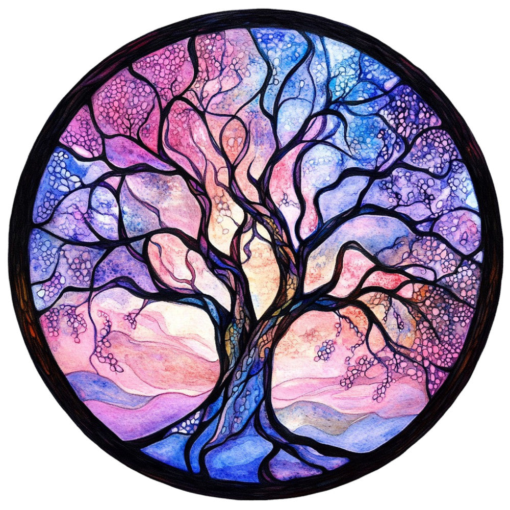 tree of life, stained glass, circular panel, purple, blue, pink, coral, lavender, periwinkle, magenta, watercolor, abstract, nature, botanical, branches, foliage, hanging ornament, wall art, bohemian, whimsical, celestial, magical, spiritual, meditation, mandala-inspired, home decor, window treatment, twilight, dreamy, artistic