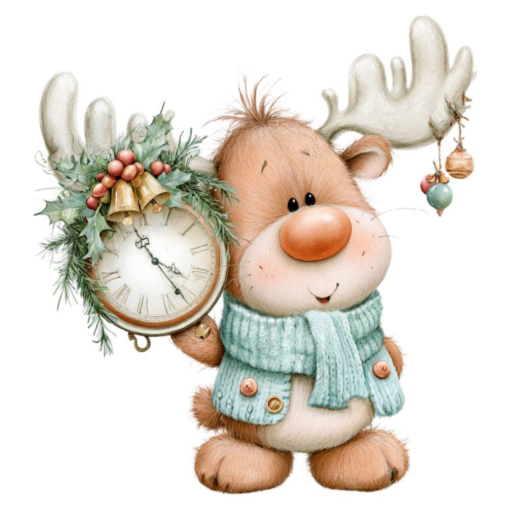 reindeer, christmas, holiday, winter, whimsical, cute animals, festive, sage green, cream, rust orange, bronze, woodland, clock, bells, holly, berries, knit sweater, scarf, vintage style, nostalgic, folk art, children's, baby, decorative, wall hanging, christmas panel, snow, rustic, traditional holiday, nursery