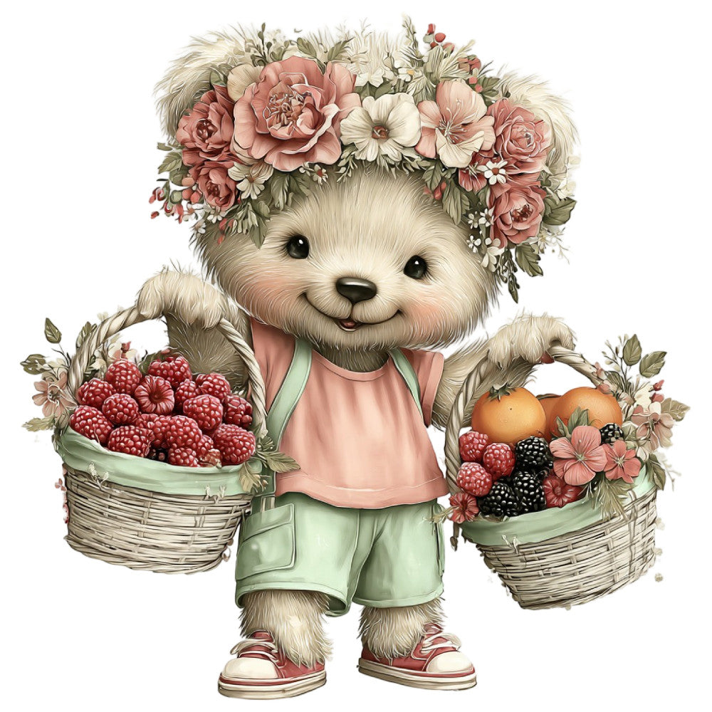 teddy bear, cute animals, floral wreath, basket, berries, raspberries, blackberries, peaches, flowers, peonies, daisies, cream, soft pink, dusty rose, sage green, mint green, whimsical, vintage, sweet, nursery, baby, children, spring, summer, garden, nature, adorable, storybook, illustration art, fruity