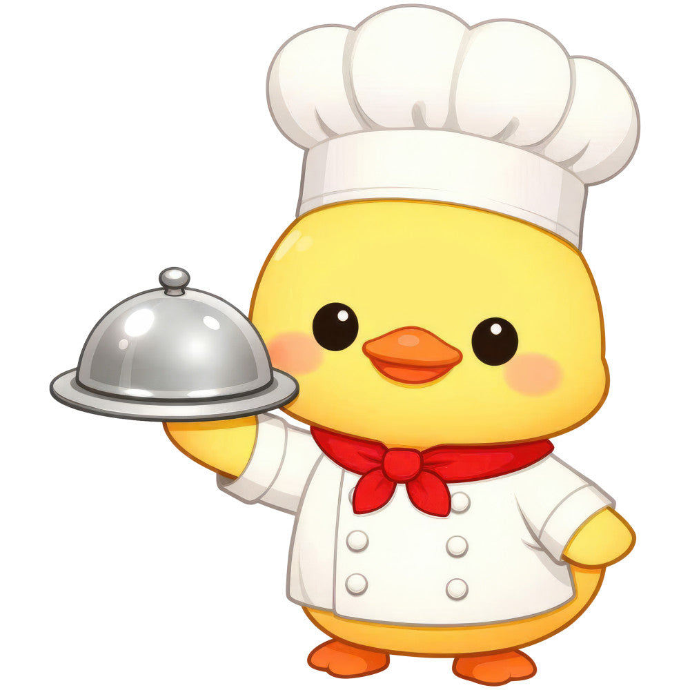 chef chick, yellow, white, red, cream, orange, cute animals, whimsical, playful, bird, chef hat, cooking themed, kitchen, chef motif, adorable character, children's, nursery, farm animals, cheerful, bright colors, culinary theme, restaurant decor, apron design, double-breasted jacket, bow tie detail, professional chef, food industry, hospitality theme, service industry