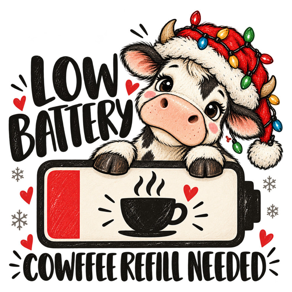 low battery, cowfee refill needed, cow, coffee, christmas, holiday, festive, whimsical, humorous, funny, black and white, cream, red, colorful lights, string lights, hearts, snowflakes, winter, seasonal, farmhouse, rustic, playful, cute animals, beverage, coffee lover, cozy, warm, novelty, character print