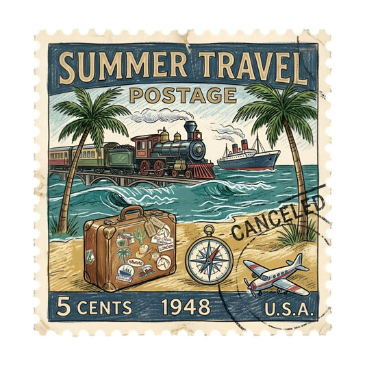 vintage travel, summer travel, postage stamp, retro travel, 1948, nautical, beach scene, steam train, ocean liner, airplane, suitcase, compass, tropical, palm trees, sand, ocean blue, cream, navy blue, forest green, rust red, beige, vintage stamp, travel themed, adventure, transportation, whimsical, nostalgic, coastal, mid-century, collectible panel