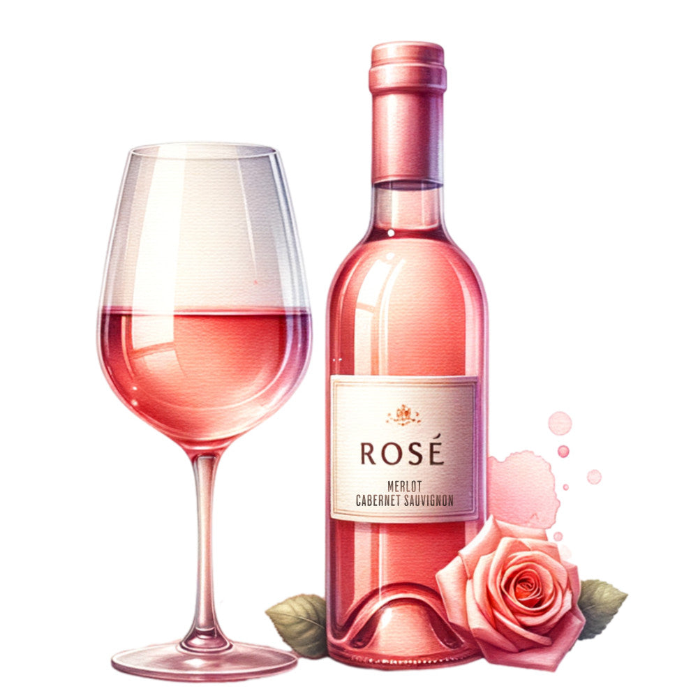 rose wine, pink tones, coral hues, wine bottle, wine glass, fabric panel, floral accents, pink rose, watercolor style, elegant design, beverage theme, soft pastels, quilting cotton, decorative panel, wine motif, blush colors, realistic illustration, wine lover, sophisticated artwork, botanical elements