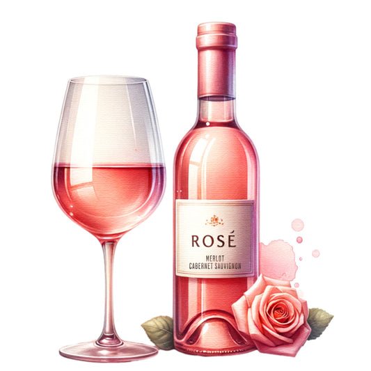 rose wine, pink tones, coral hues, wine bottle, wine glass, fabric panel, floral accents, pink rose, watercolor style, elegant design, beverage theme, soft pastels, quilting cotton, decorative panel, wine motif, blush colors, realistic illustration, wine lover, sophisticated artwork, botanical elements