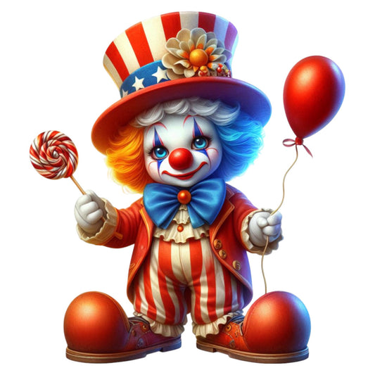 clown, circus, whimsical, patriotic, red and white striped, primary colors, blue, red, orange, yellow, candy, lollipop, balloon, top hat, stars, americana, festive, playful, vintage carnival, fun, children's, novelty, performance, entertaining, colorful, joyful, cheerful