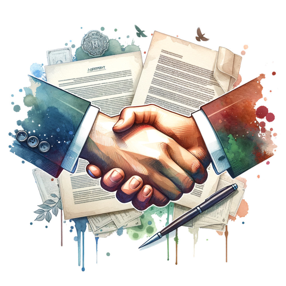 business handshake, professional documents, agreement, contract, watercolor, abstract splatter, teal blue, dusty blue, forest green, burnt orange, rust red, cream, watercolor wash, modern art, contemporary, elegant, sophisticated, pen, currency, coins, seal, official documents, business theme, corporate, partnership, success, achievement, birds, leaves, artistic style