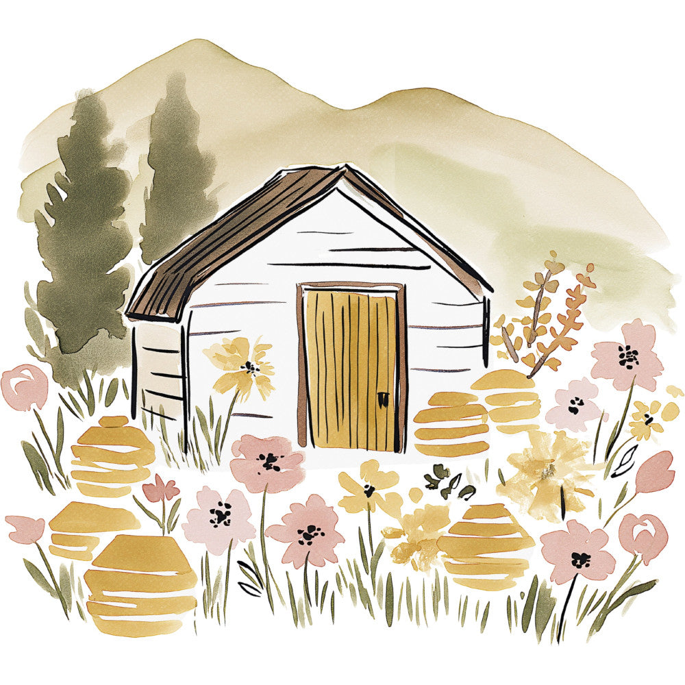garden shed, cottage core, farmhouse, floral, wildflowers, botanical, spring, summer, nature, rustic, whimsical, pastoral, cream, ivory, dusty rose, mauve pink, sage green, olive green, golden yellow, ochre, watercolor, hand painted, vintage, countryside, garden gate, flowers, blooms, stones, stepping stones, trees