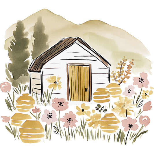 garden shed, cottage core, farmhouse, floral, wildflowers, botanical, spring, summer, nature, rustic, whimsical, pastoral, cream, ivory, dusty rose, mauve pink, sage green, olive green, golden yellow, ochre, watercolor, hand painted, vintage, countryside, garden gate, flowers, blooms, stones, stepping stones, trees