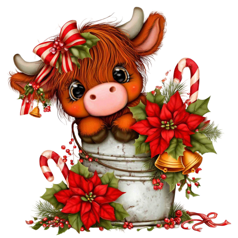 christmas, holiday, festive, cow, cattle, highland cow, red, orange, rust, cream, white, green, gold, poinsettia, candy cane, bells, holly, berries, whimsical, cute, farmhouse, rustic, winter, seasonal, decorative, bucket, bow, ribbon, festive animals, farm animals