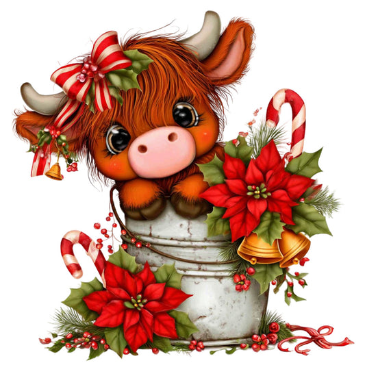 christmas, holiday, festive, cow, cattle, highland cow, red, orange, rust, cream, white, green, gold, poinsettia, candy cane, bells, holly, berries, whimsical, cute, farmhouse, rustic, winter, seasonal, decorative, bucket, bow, ribbon, festive animals, farm animals