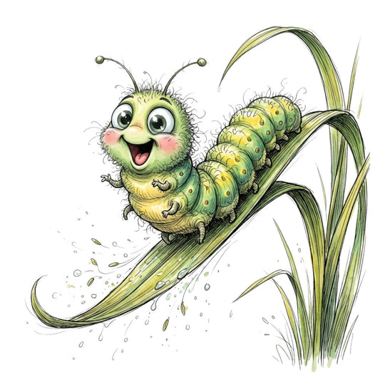 caterpillar, green, yellow, nature, whimsical, children, insects, bugs, adorable, cute, playful, grass, leaves, spring, summer, fantasy, storybook, illustration, charming, animal, botanical, garden, cheerful, innocent, nursery, kid-friendly, character, colorful, lime green, sage green