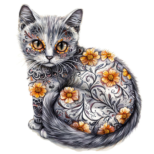 cat, feline, animal, floral, flowers, daisies, daisy, gold, golden yellow, orange, gray, grey, white, black, ornamental, decorative, botanical, whimsical, bohemian, artistic, mandala, eyes, cat face, embellished, intricate, detailed, spring, summer, nature-inspired, fantasy