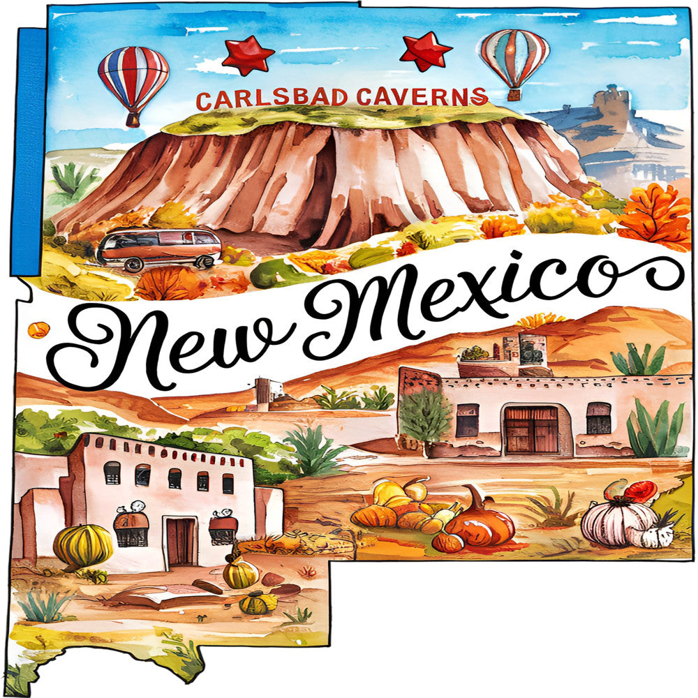 Classic US States Fabric Panel 14 featuring colorful New Mexico landmarks printed on premium quilting cotton made in the USA