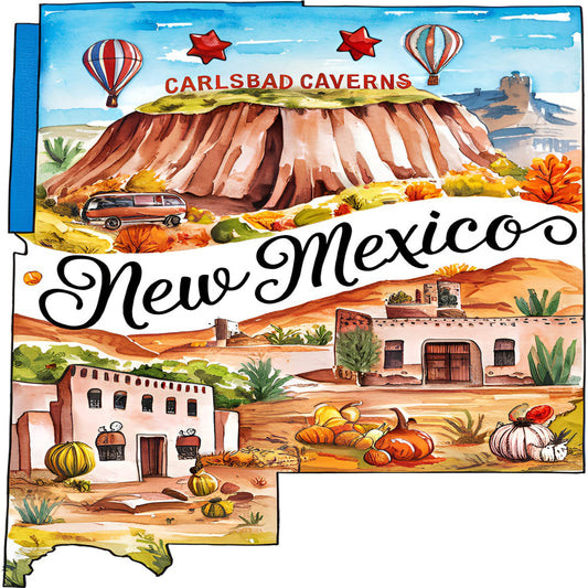 Classic US States Fabric Panel 14 featuring colorful New Mexico landmarks printed on premium quilting cotton made in the USA