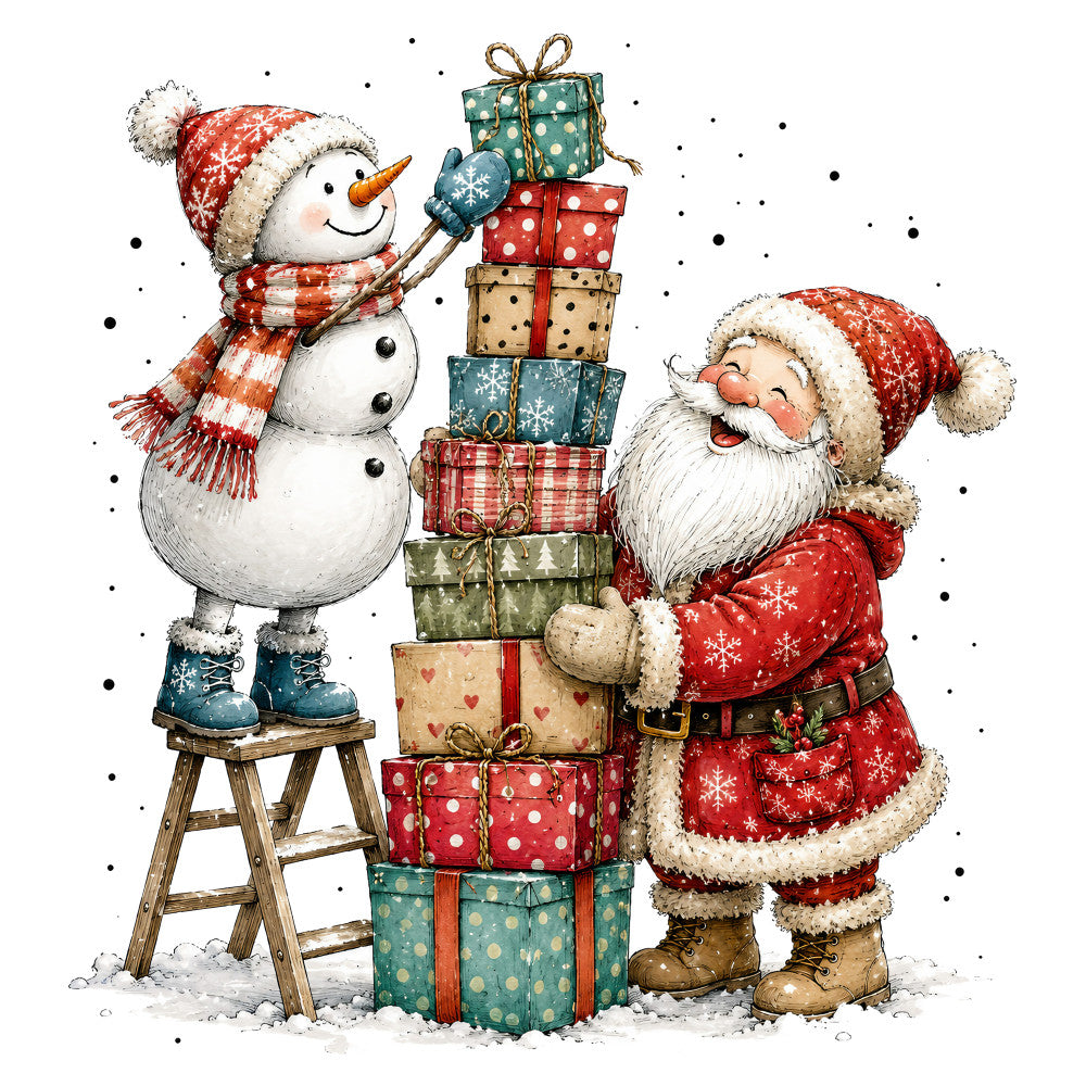 christmas, holiday, santa, snowman, gifts, presents, red, cream, forest green, teal blue, festive, whimsical, vintage, nostalgic, winter, snow, polka dots, plaid, hearts, seasonal, decorative, children's, cheerful, traditional, rustic, charming, stacked presents, snow falling, jolly, festive cheer