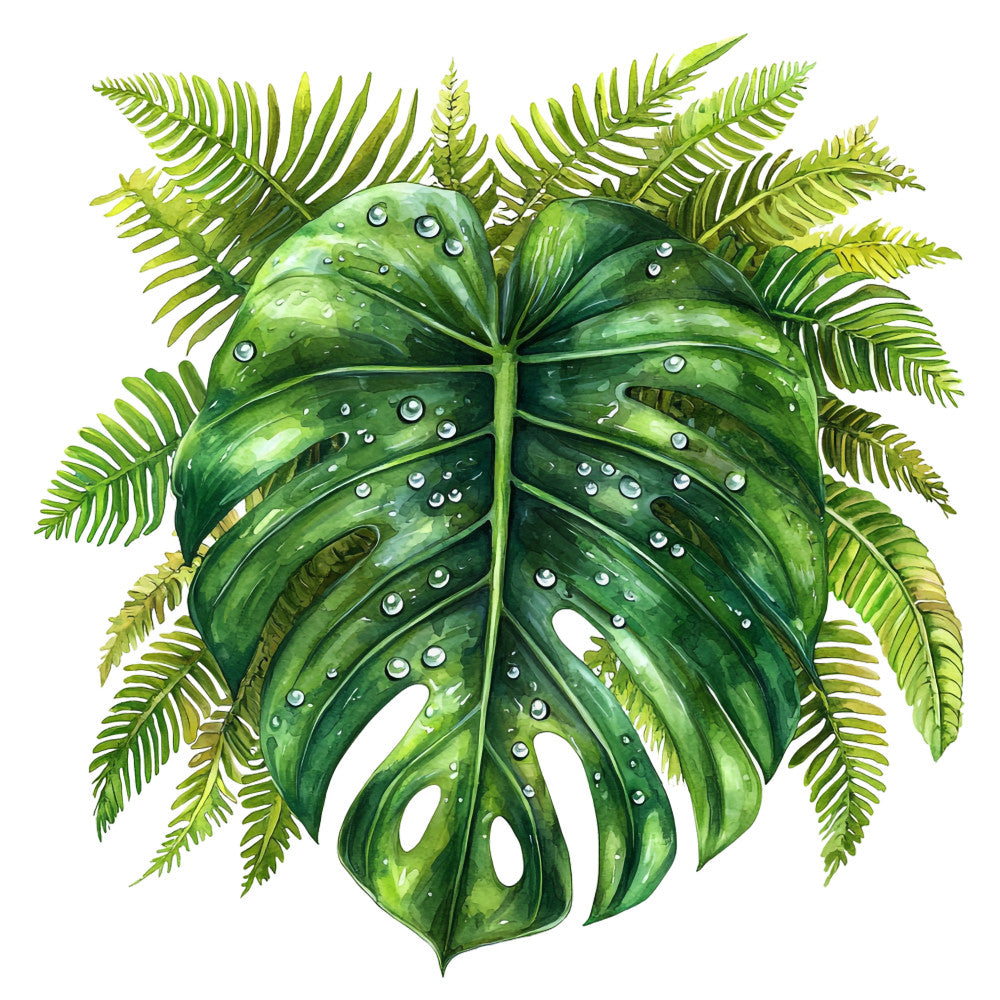 tropical leaves, monstera leaf, fern fronds, forest green, lime green, emerald green, watercolor style, botanical illustration, water droplets, hawaiian motif, jungle foliage, fabric panel, quilting cotton, nature design, tropical paradise, rainforest plants, organic shapes, botanical art, vibrant greens, natural elements