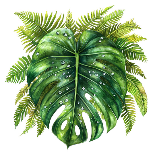 tropical leaves, monstera leaf, fern fronds, forest green, lime green, emerald green, watercolor style, botanical illustration, water droplets, hawaiian motif, jungle foliage, fabric panel, quilting cotton, nature design, tropical paradise, rainforest plants, organic shapes, botanical art, vibrant greens, natural elements