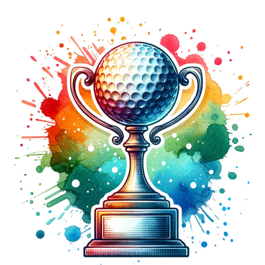 watercolor, golf ball, trophy, championship cup, red, orange, yellow, green, blue, teal, purple, paint splashes, sports theme, winner, victory, fabric panel, quilting cotton, athletic, tournament, golf sport, dimpled ball texture, award ceremony, colorful burst, paint splatters