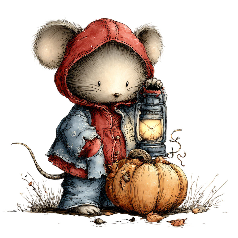 cute mouse, red hood, lantern, pumpkin, autumn, fall, harvest, woodland, whimsical, storybook, children's, baby, cream, red, blue, rust orange, cream white, gray blue, rustic, vintage, fairy tale, little red riding hood, cottage, cozy, animal characters, nature, seasonal, bedtime, nursery, adventure