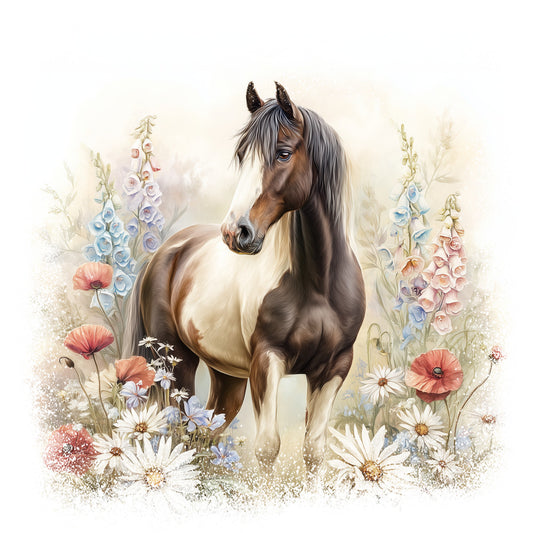 horse, wildflowers, fabric panel, brown horse, white blaze, flowing mane, poppies, daisies, foxgloves, pastel colors, cream background, botanical illustration, equestrian theme, watercolor style, soft tones, coral flowers, blue blooms, meadow scene, gentle mood, quilting cotton