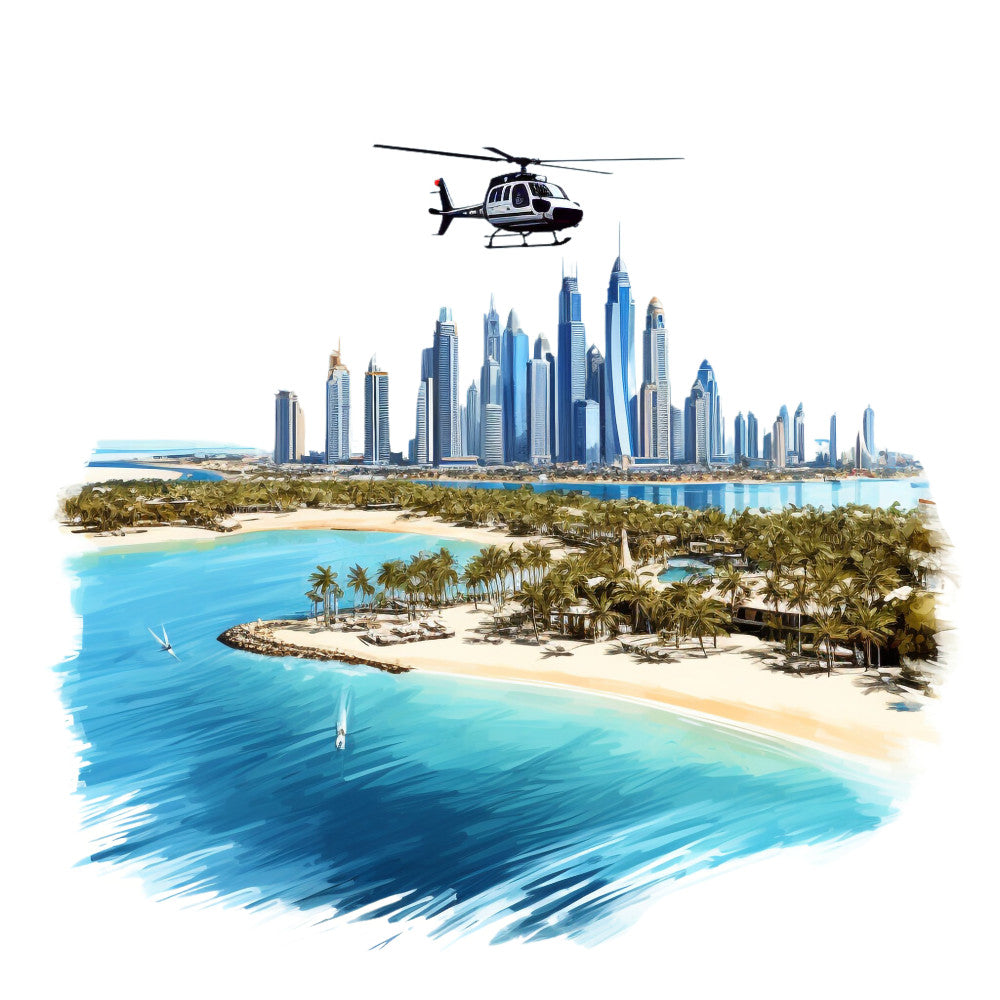 azure blue, turquoise water, white helicopter, modern skyscrapers, palm trees, sandy beach, tropical paradise, cityscape skyline, coastal scene, fabric panel, quilting cotton, watercolor style, luxury destination, middle eastern architecture, resort landscape, ocean waves, contemporary art, travel theme, urban oasis, pristine shores