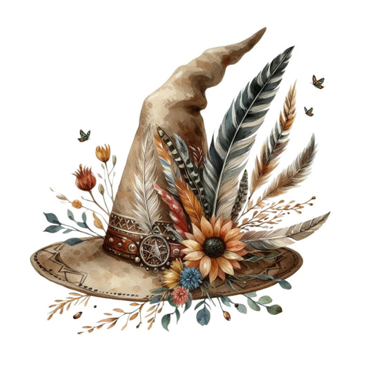witch hat, autumn, fall, harvest, boho, bohemian, rustic, woodland, nature, floral, feathers, flowers, butterflies, earthy tones, tan, brown, cream, burnt orange, dusty blue, sage green, whimsical, magical, celestial, vintage, folk art, daisy, dried flowers, botanical, ethereal, cottagecore