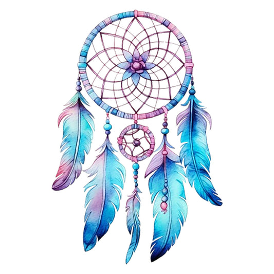Watercolor Dream Catcher Fabric Panel 5 with detailed blue and purple feathers printed on premium quilting cotton.