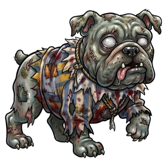 zombie dog, undead, horror, comic style, cartoon dog, bulldog, stitched, torn fabric, grungy, blue grey, rust red, mustard yellow, tan, brown, dark purple, blood stains, distressed, grunge, whimsical horror, spooky, humorous, playful macabre, halloween, gothic, quirky characters, comic book art, textile patches, appliqué design, wall hanging, novelty print
