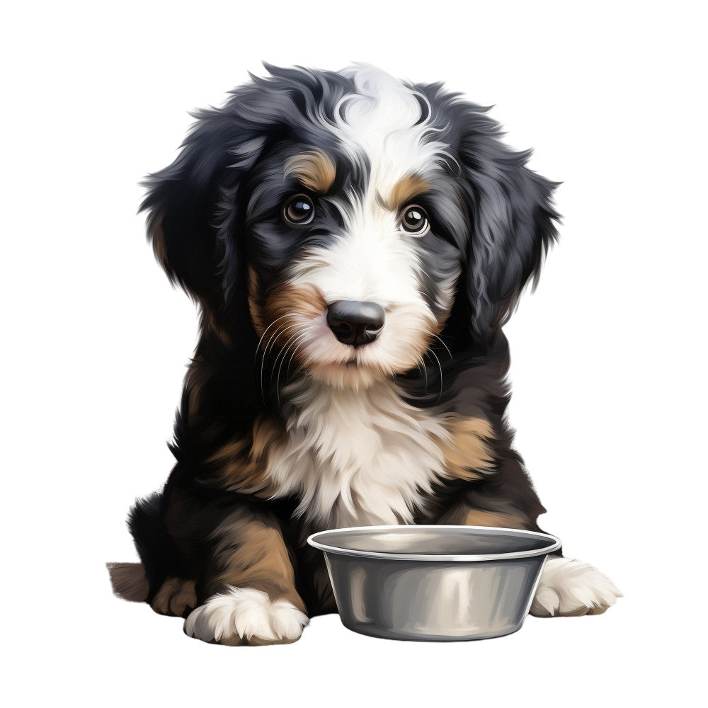 dog portrait, bernese mountain dog, tri-color dog, black white tan, puppy, pet illustration, animal lover, dog breed, food bowl, feeding time, cute dog, realistic dog art, dog face, whimsical style, children's fabric, nursery theme, pet themed, farm animals, domestic animals, dog lover gift, adorable pets, detailed illustration, modern animal art, country style, casual style