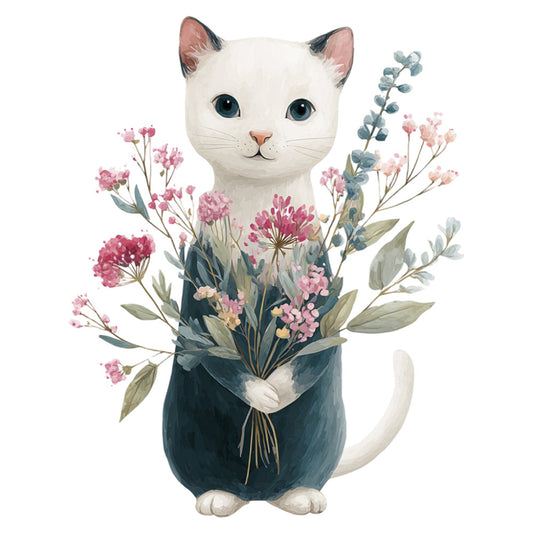 white cat, floral, flowers, pink flowers, navy blue, dusty rose, sage green, botanical, nature, whimsical, cat illustration, animal, spring, cute, playful, elegant, garden flowers, bouquet, baby, nursery, sweet, charming, delicate florals, petite floral, woodland, soft colors, artistic, decorative, cat lover, feminine